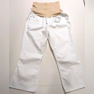 A:GLOW, Maternity Belly Panel Cropped Flare Jeans, White, Size 14.